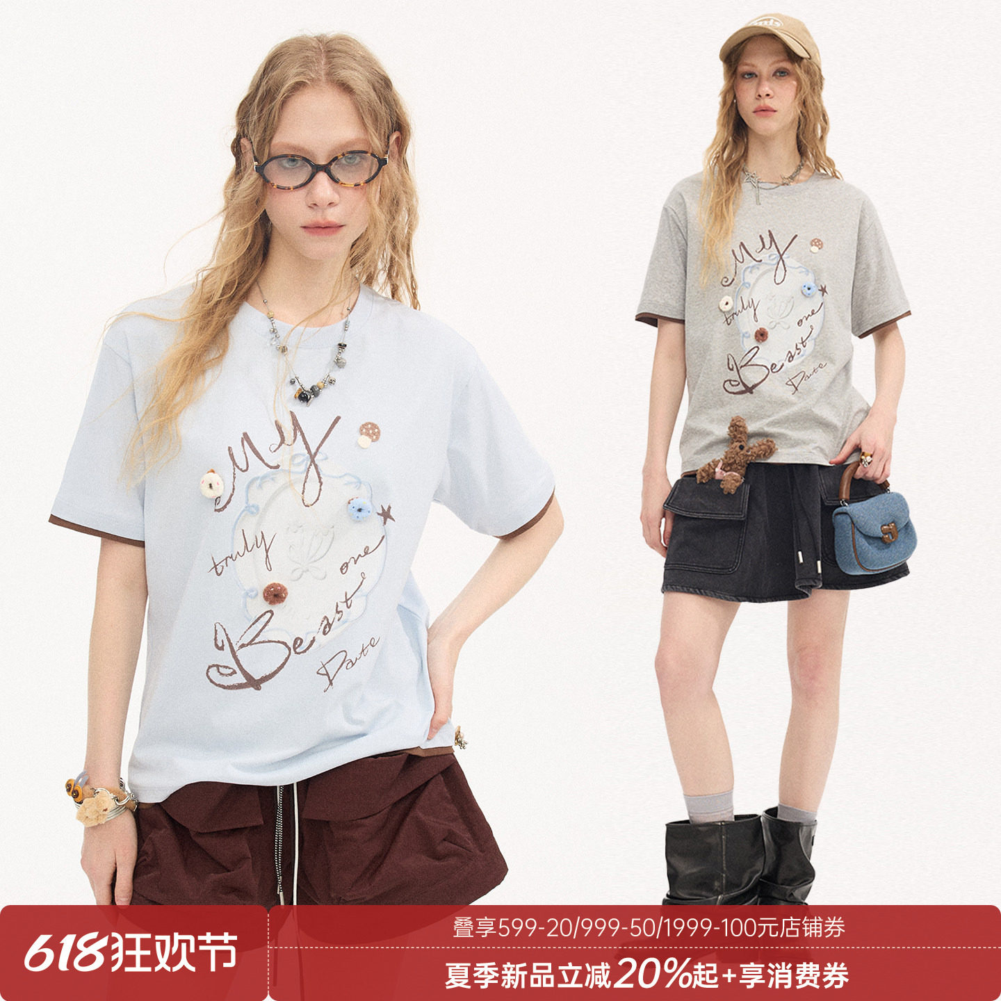 DIDDIMODA复古餐盘印花圆领套头浅灰色短袖T恤女夏2026新款