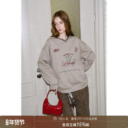 DIDDI MODA复古运动设计感v领撞色卫衣女秋季无帽透气舒适上衣