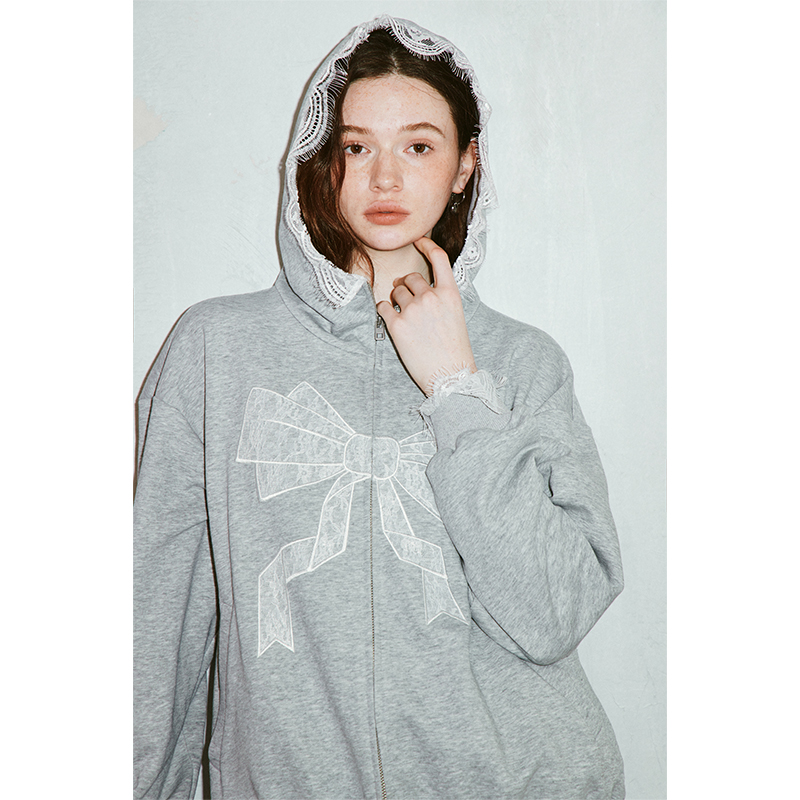 DIDDI MODA可爱蕾丝蝴蝶结灰色连帽卫衣宽松休闲长袖上衣