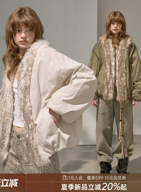 DIDDIMODA 落肩立体时尚简约毛领绣花白色夹克冬季外套棉服女