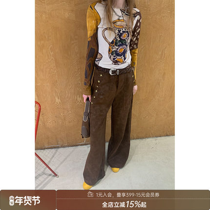 DIDDI MODA复古刺绣宽松廓形百搭秋冬直筒裤2025秋冬新款皮裤