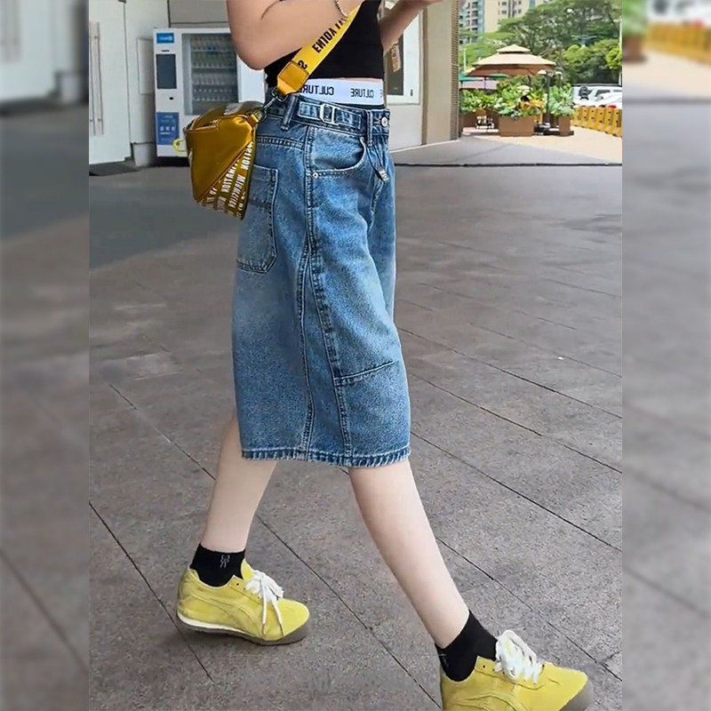 蓝色阔腿牛仔短裤女夏季新款大码胖mm梨形身材高腰显瘦a字五分裤