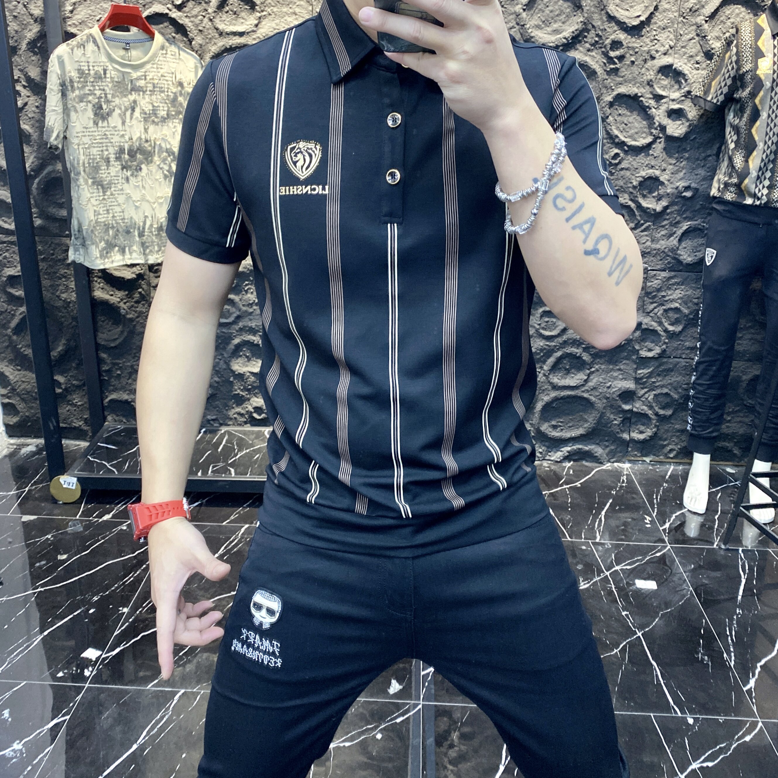潮牌修身条纹短袖POLO衫男翻领时尚百搭休闲T恤
