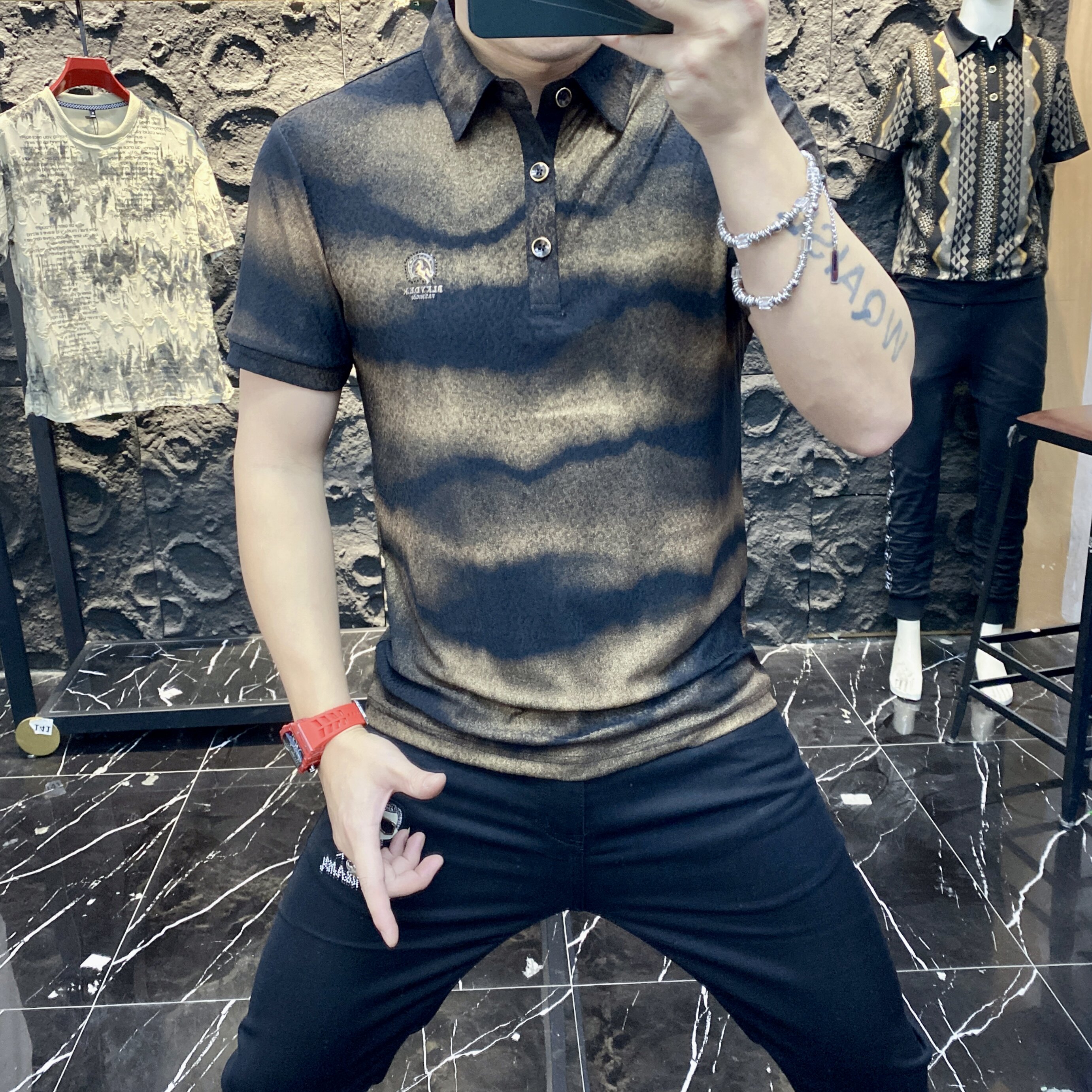 欧洲站墨染金纹男士短袖翻领POLO衫夏季商务时尚修身潮牌短袖男