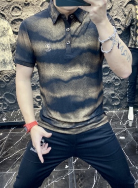 欧洲站墨染金纹男士短袖翻领POLO衫夏季商务时尚修身潮牌短袖男