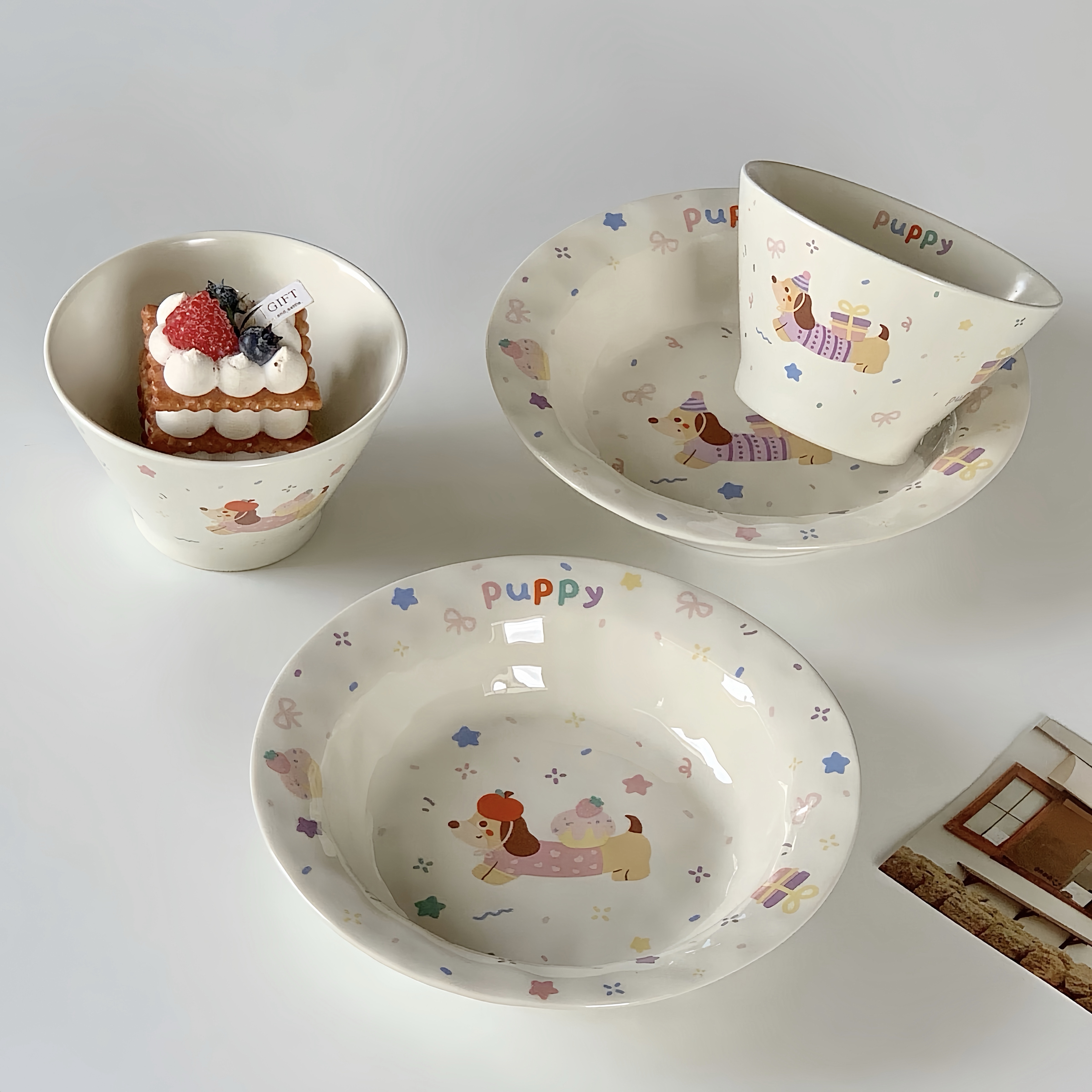 网红可爱腊肠狗陶瓷碗盘子菜盘家用草帽盘意面餐盘高颜值深盘汤盘