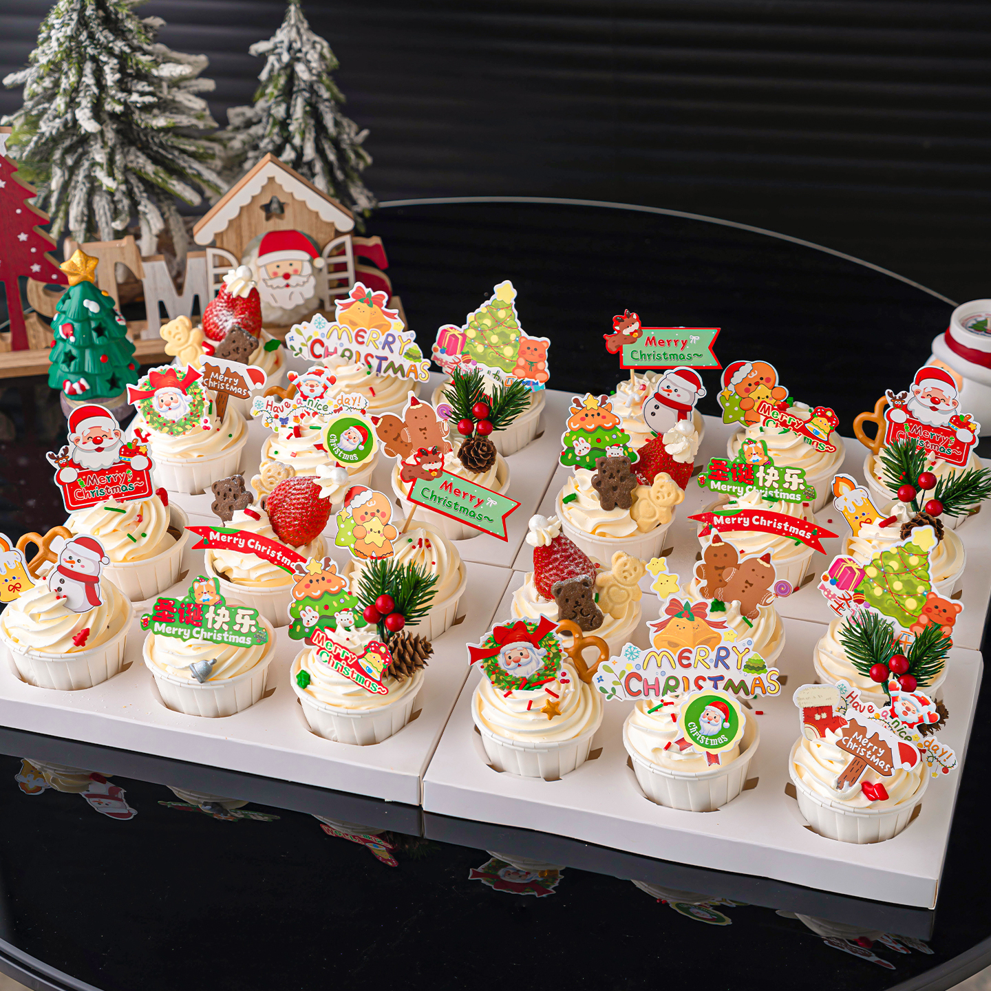 圣诞插牌双叶单松果6连纸杯蛋糕