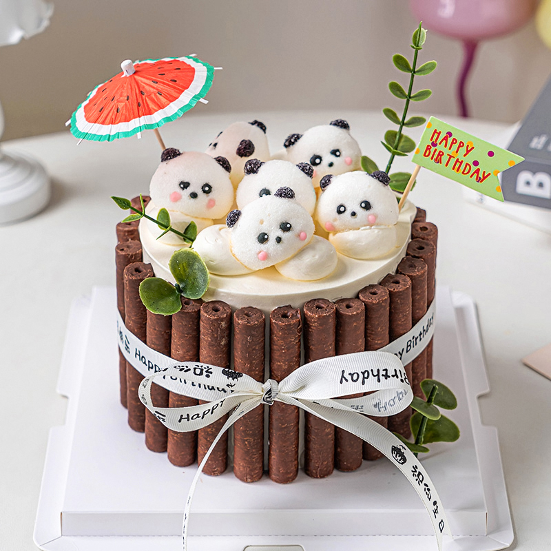 网红熊猫棉花糖蛋糕装饰品巧克力棒儿童生日慕斯围边烘焙甜品摆件