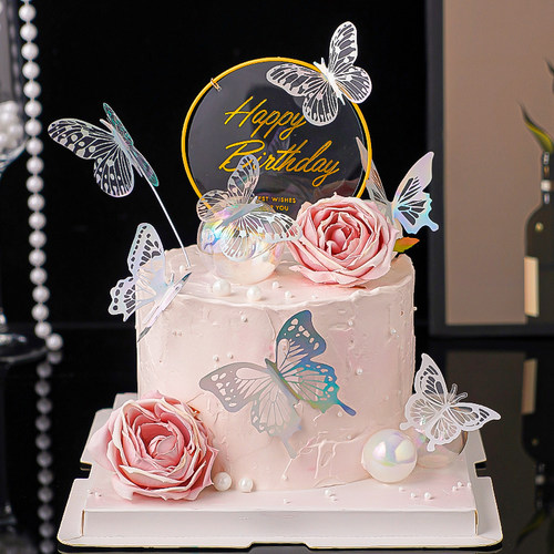 仙女生日玫瑰蛋糕装饰唯美幻彩蝴蝶插件网红ins女神生日快乐插牌