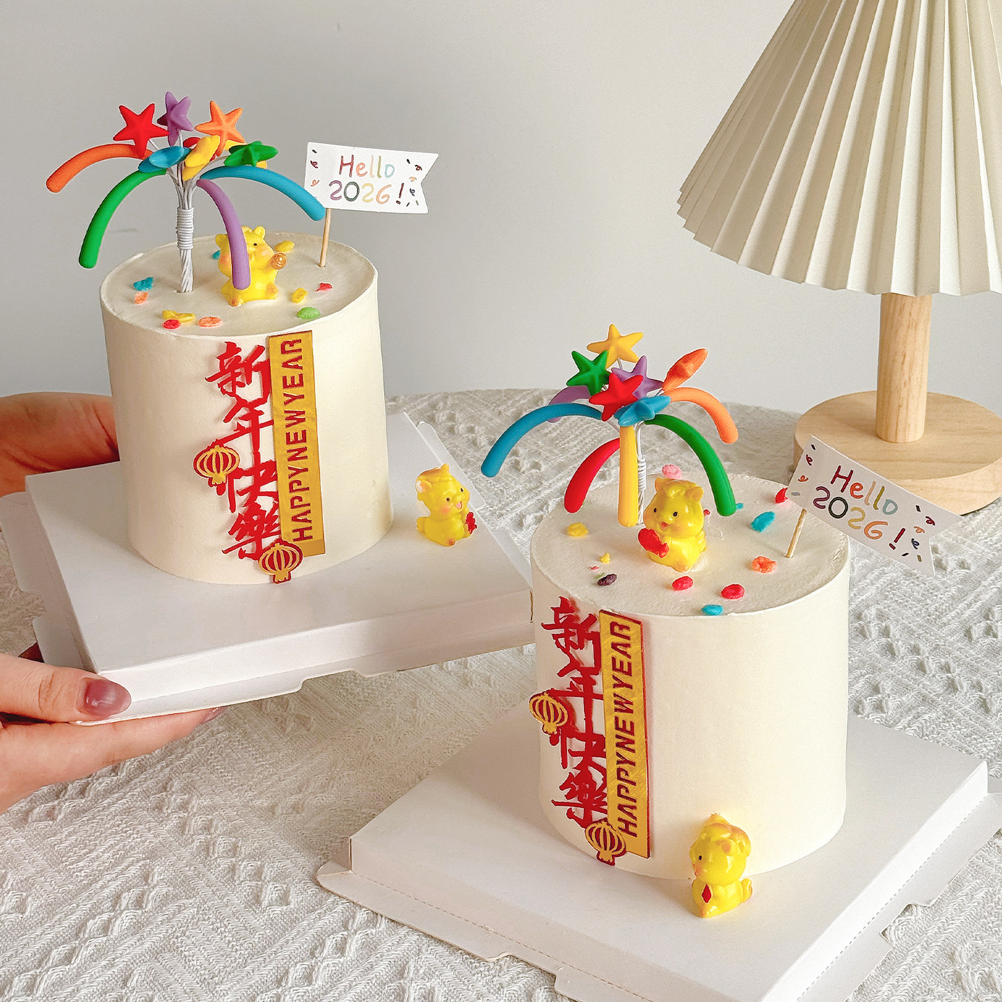 hello2026新年快乐蛋糕装饰亚克力小旗插件跨年派对星星礼花装扮