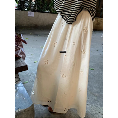 法式米黄镂空刺绣显瘦A字半身裙