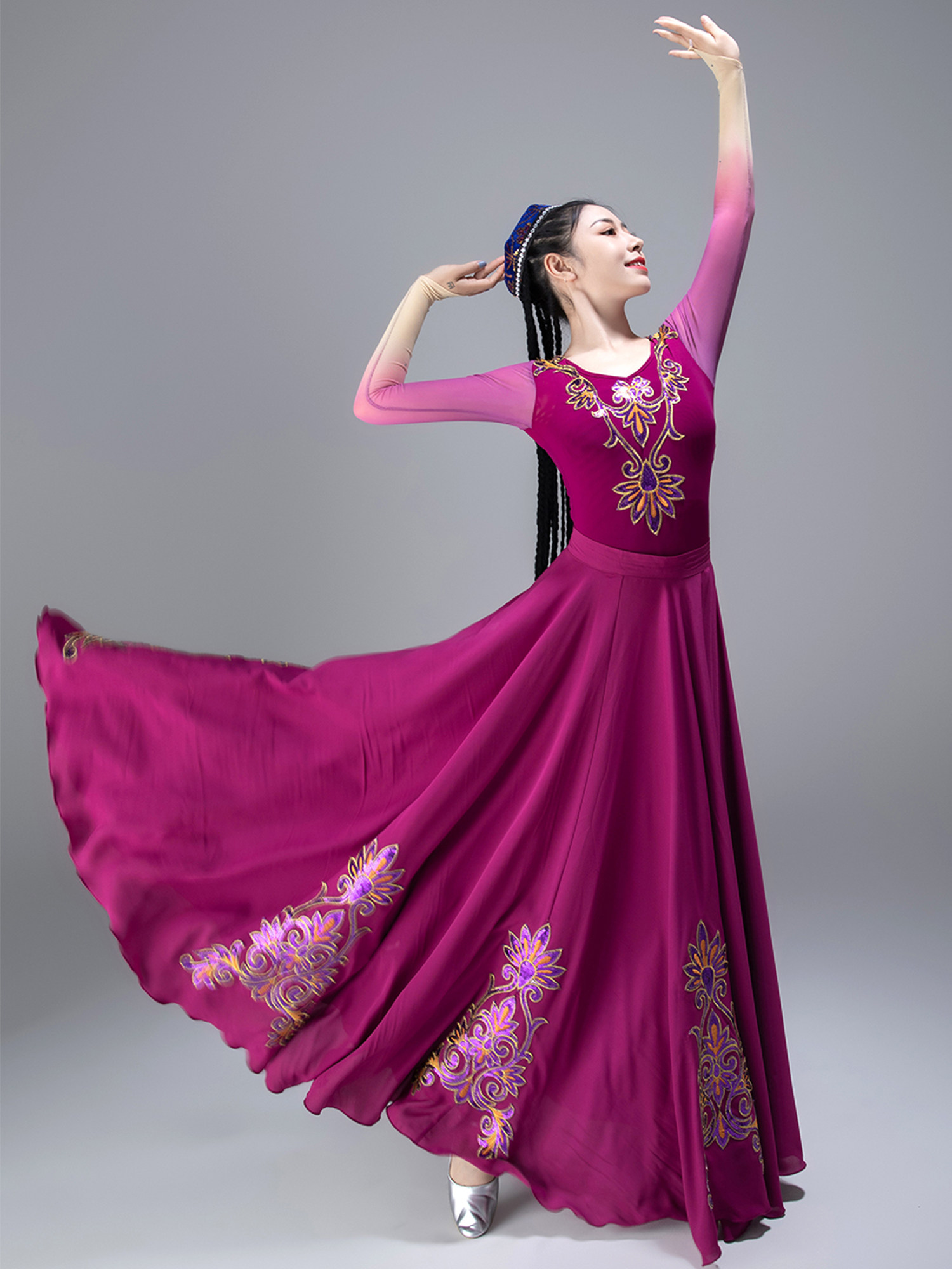 新疆维吾尔族舞蹈服套装女少数民族练习裙大摆裙练功裙成人艺考服