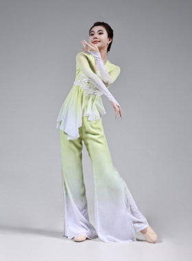 胶州古典身韵服浅黄色定制新款依靠舞台演出服饰扇子舞秧歌舞套装