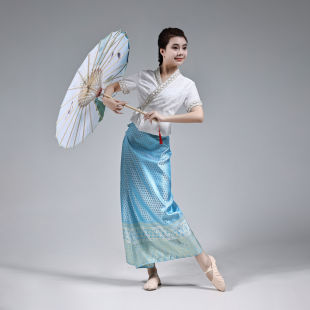 傣族舞蹈裙民族风考舞台剧目演出服饰成人排练练习裙蓝色半身套裙