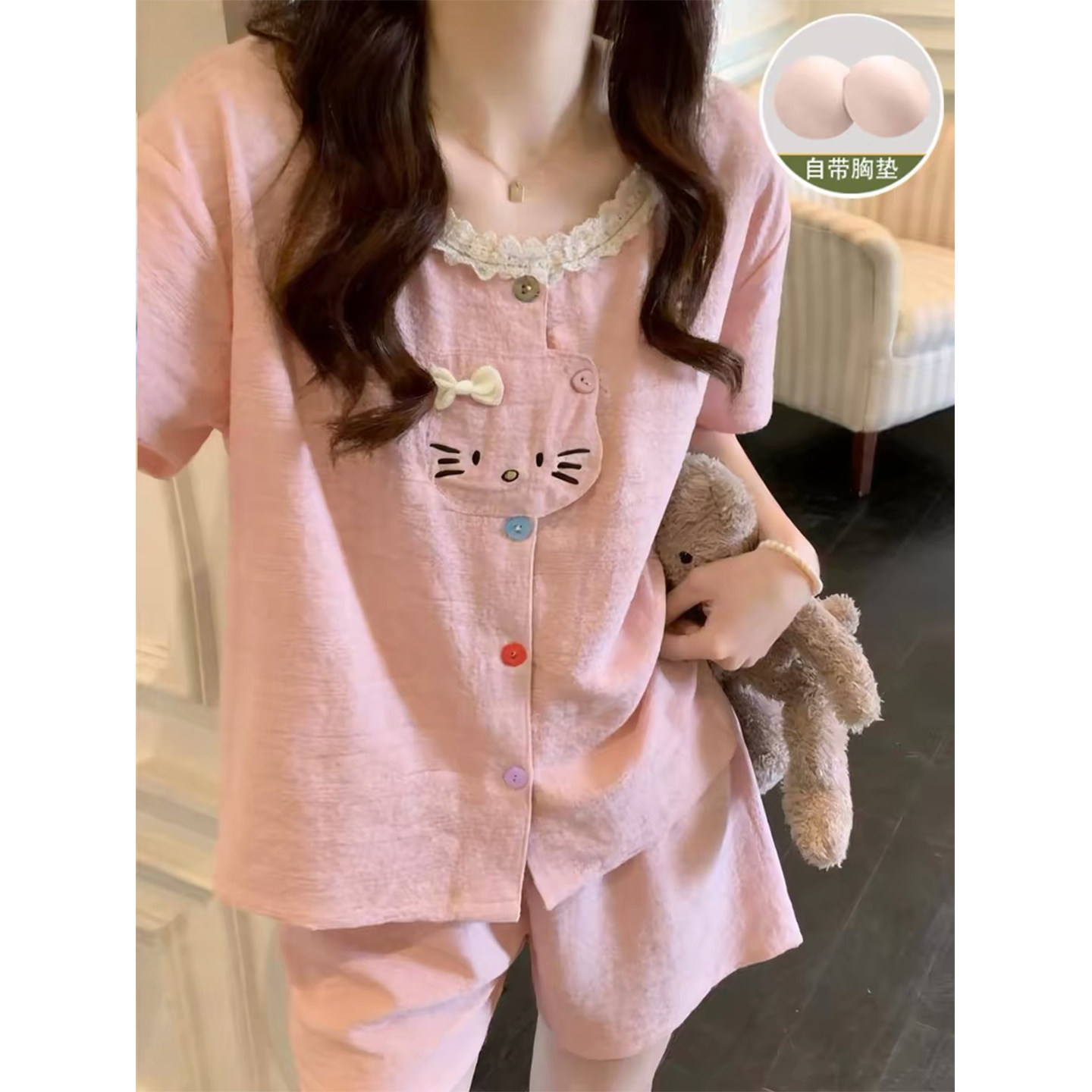 带胸垫睡衣女夏季薄短袖纯棉2026新款日系可爱小猫粉色家居服套装