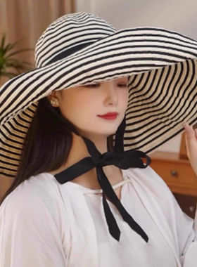 超大帽檐条纹渔夫帽夏季帽子女款户外海边沙滩防晒帽遮阳帽太阳帽