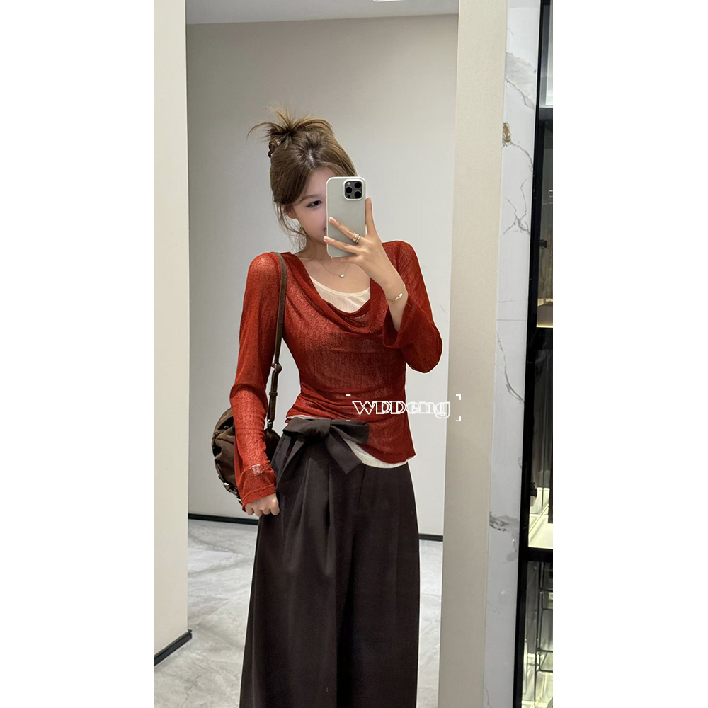 秋款原创网纱高弹荡领长袖上衣