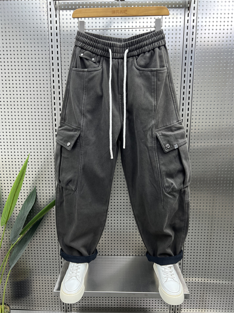 2025冬季新款加绒工装裤男潮流宽松直筒拼接多口袋休闲百搭阔腿裤