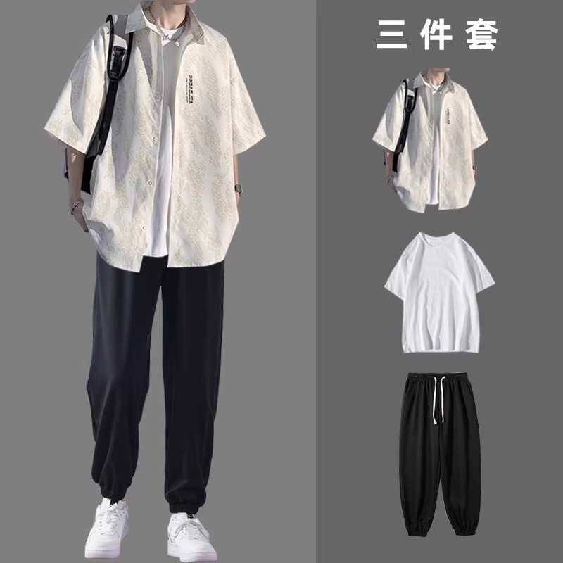 日系冰丝短袖衬衫男士夏季高级感一套搭配痞帅男装三件套休闲套装