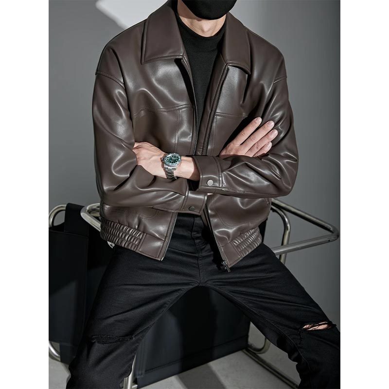 2024秋冬季皮衣外套男潮高级感复古行政夹克年轻干部短款痞帅皮褂