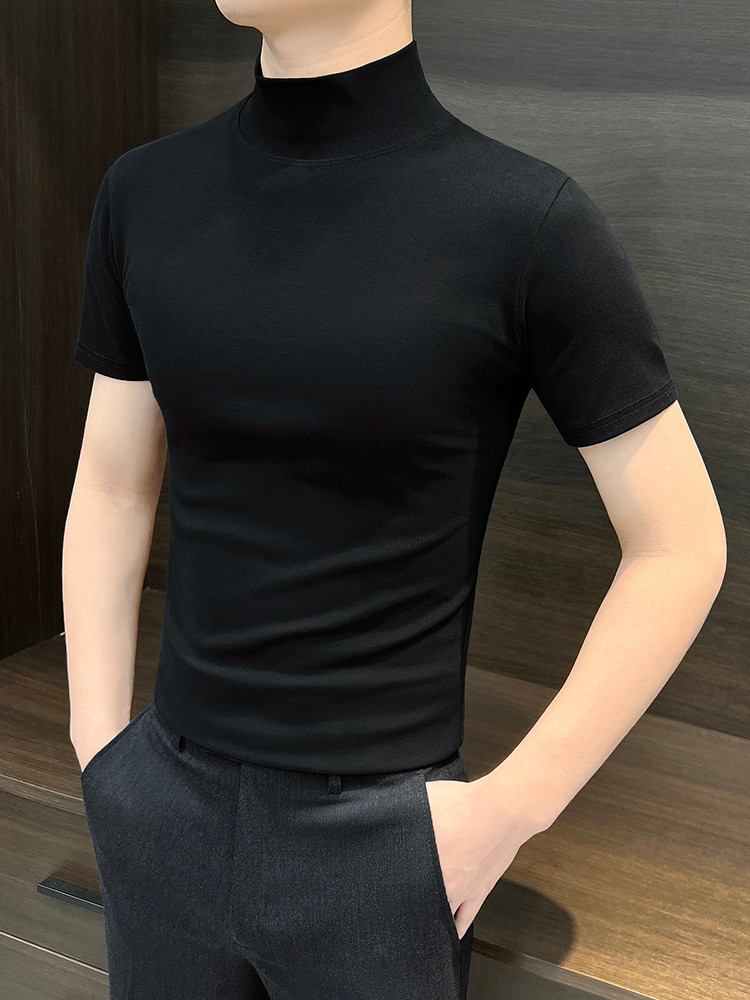 2025秋冬新款黑色打底衫男士半高领上衣西装内搭中领半袖t恤男款