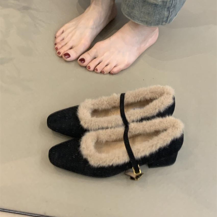 粗跟玛丽珍鞋女2024年冬季法式气质优雅毛毛方头浅口保暖高跟棉鞋