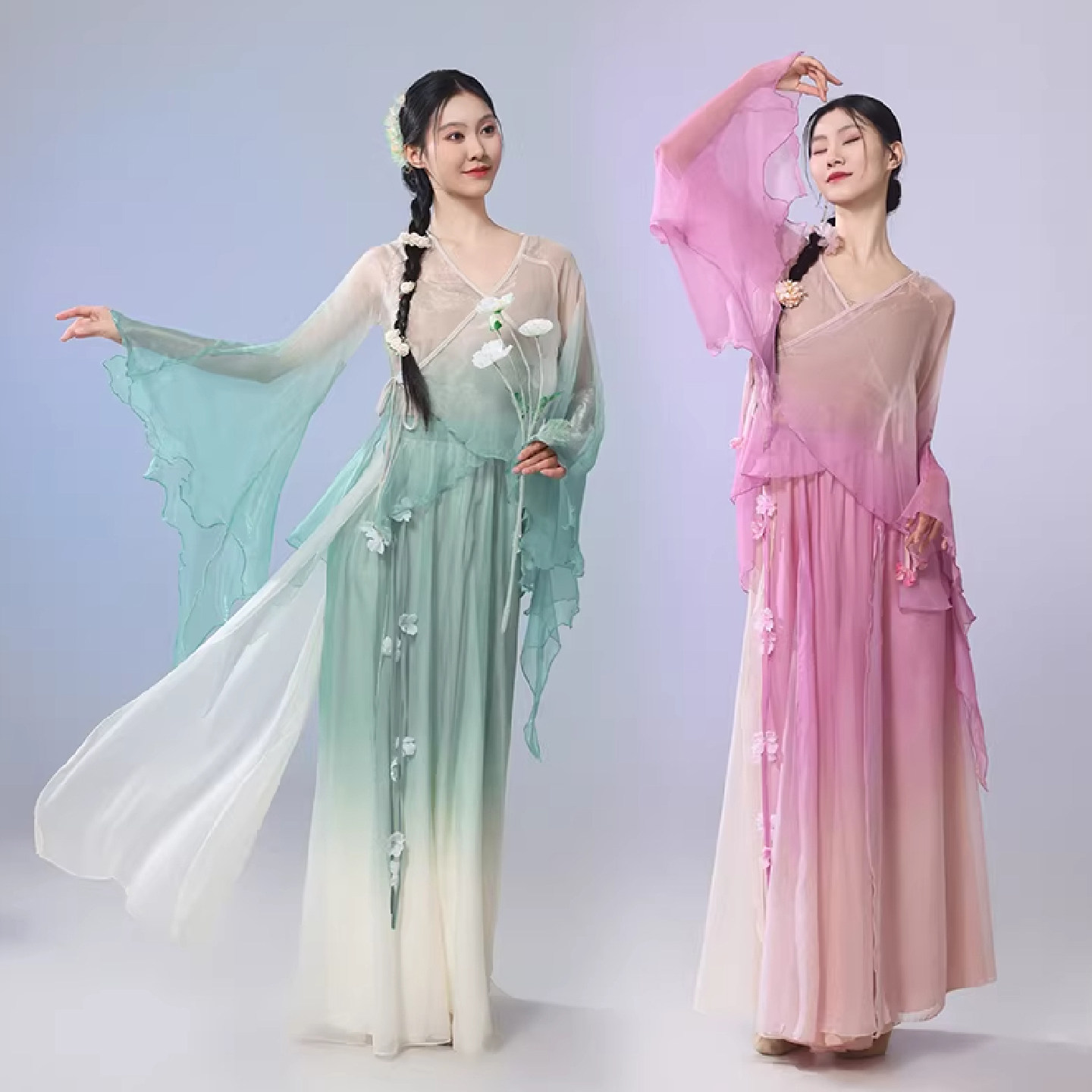 古典舞新款女大袖衫纱衣舞蹈渐变大裙摆仙气飘逸表演练功出服套装