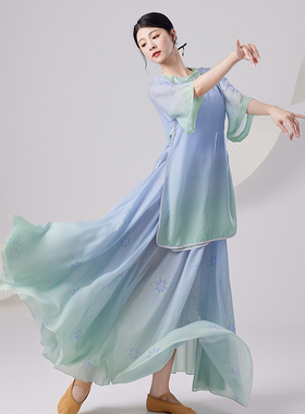 新款古典舞演出服女飘逸青衫烟雨客微微老师同款唐装古风舞蹈服装