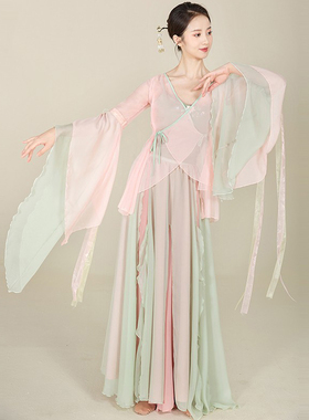 新款古典舞舞蹈服女飘逸超仙粉色纱衣练功服身韵中国风演出服套装
