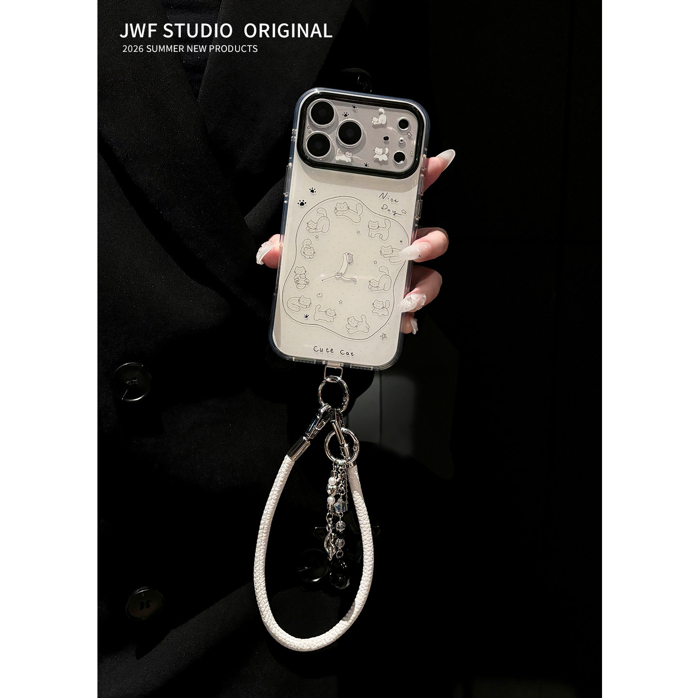 创意卡通斜挎适用iphone17Promax手机壳黑猫咪插画时钟苹果17pro新款16pro男女15带链条韩系全包软防摔保护套