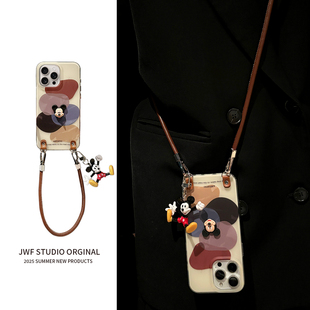 高级感莫兰迪色块适用苹果16promax手机壳斜挎iPhone17pro可背带挂绳16pro挂件14promax卡通15pro秋冬13软套