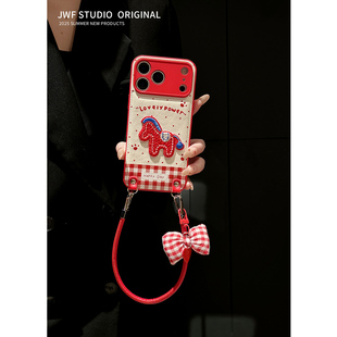 2026新年红色蝴蝶结适用iPhone17promax斜挎手机壳苹果16ProMax皮纹本命年15软14pro女13保护套17pro马年挂绳