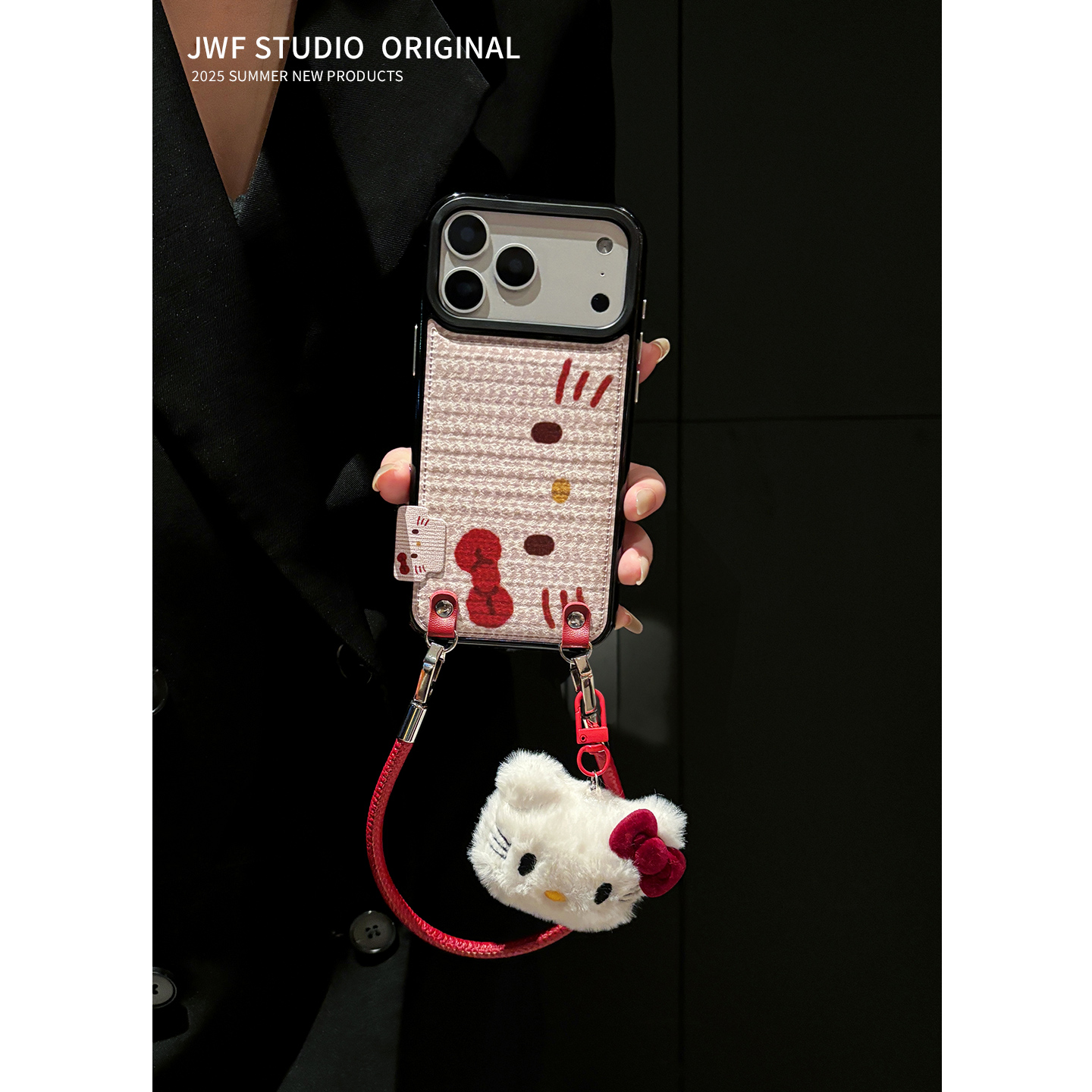 酒红秋冬毛衣纹卡通猫咪适用苹果iphone17promax斜挎新款16手机壳毛绒挂件15pro防摔14保护套少女13可爱皮质