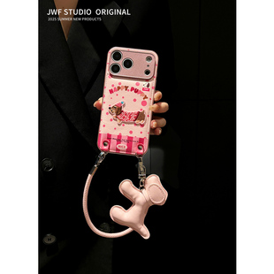 日韩波点刺绣秋冬适用苹果17promax手机壳斜挎腊肠狗iPhone16promax可爱15pro女17p挂绳小众13全包14pro软套
