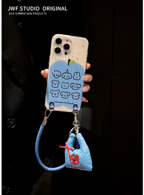 ins涂鸦艺术油画红苹果核适用苹果16promax斜挎手机壳蓝色购物袋挂件iphone13挂绳15女14pro带挂件17pro软套
