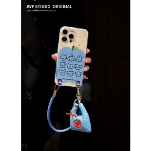 ins涂鸦艺术油画红苹果核适用苹果16promax斜挎手机壳蓝色购物袋挂件iphone13挂绳15女14pro带挂件17pro软套