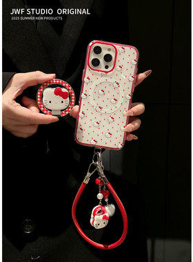 创意360磁吸支架横竖适用苹果17promax斜挎手机壳iphone17指环猫14卡通1女15pro新款16pro超火爆红色软保护套