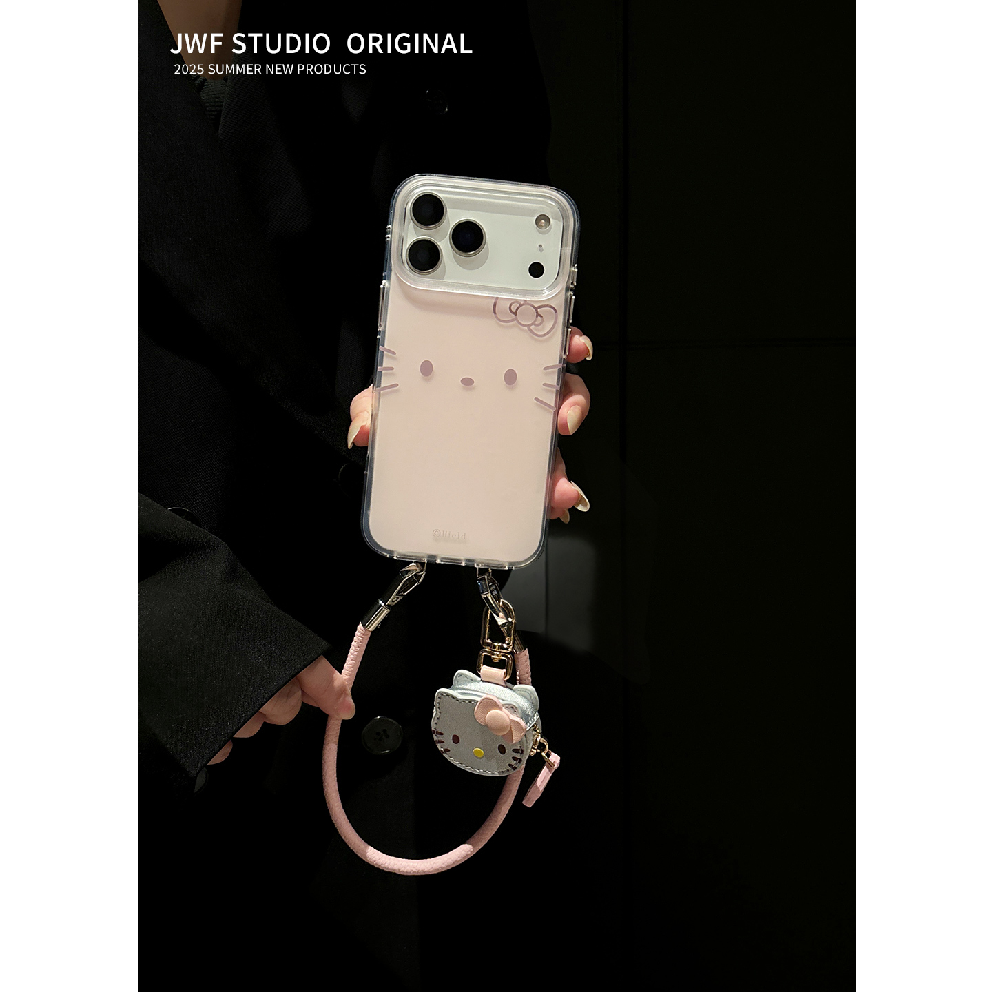 粉色蝴蝶结猫适用用苹果17promax斜挎手机壳磨砂卡通iPhone16新款挂件手链15可爱14pro女13韩系保护套背包式