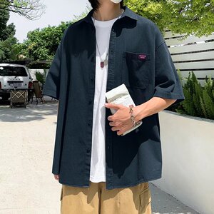 2025夏季港风纯色贴标情侣学生衬衣男原宿风格CS004-P3048图片