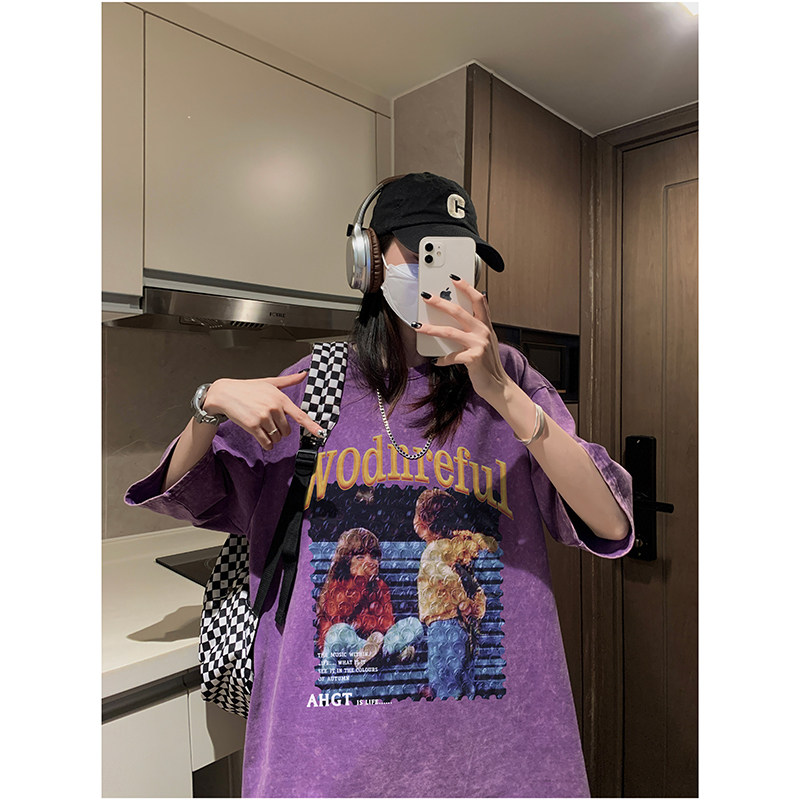 2025夏季宽松短袖潮流港风纯棉半袖水洗蜡染短袖XS008-P3558图片