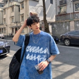 20236夏季男士t恤宽松港风情侣水洗蜡染短袖男XS005-P3558，男装T恤，星座912-1（原星座914-5）
