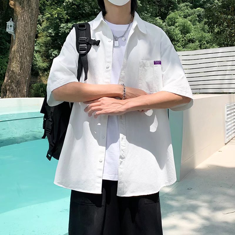 2025夏季港风纯色贴标情侣学生衬衣男原宿风CS004-P3048,男装衬衫,星座912-1（原星座914-5）