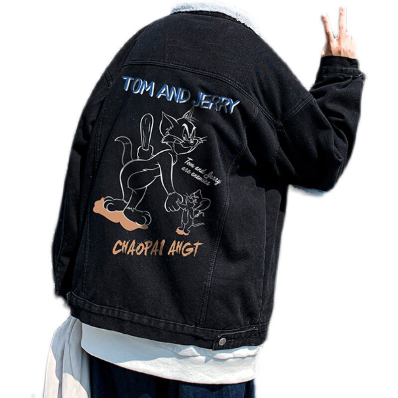 冬季新款猫和老鼠联名印花羊羔毛加绒加厚牛仔外套JK803-P95,男装工装外套,星座912-1（原星座914-5）