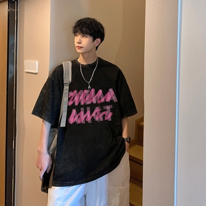 20236夏季男士t恤宽松港风情侣水洗蜡染短袖男XS005-P3558图片