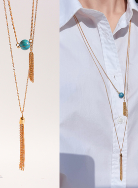 外贸原单饰品小众高级蓝松石吊坠流苏长款项链多层毛衣链套装135