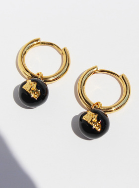 小众潮牌时髦金箔黑色珐琅圆球耳坠耳环金色圆圈耳扣中古耳饰B928