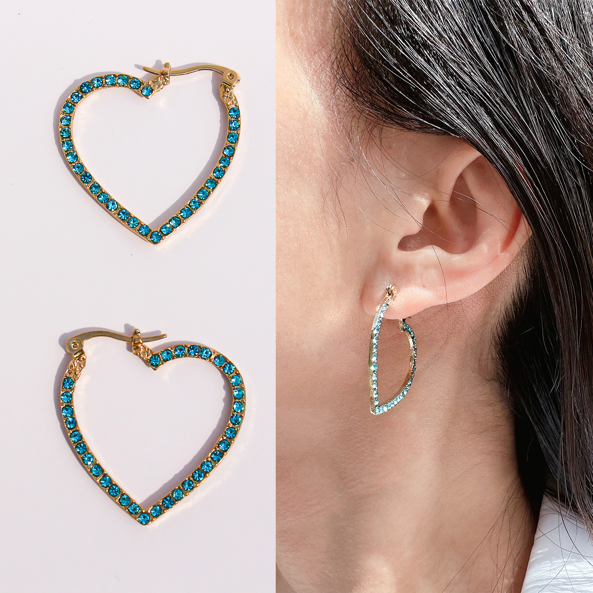 外贸饰品日韩精致蓝色钻石爱心耳环小巧时尚桃心通勤耳扣耳圈V225