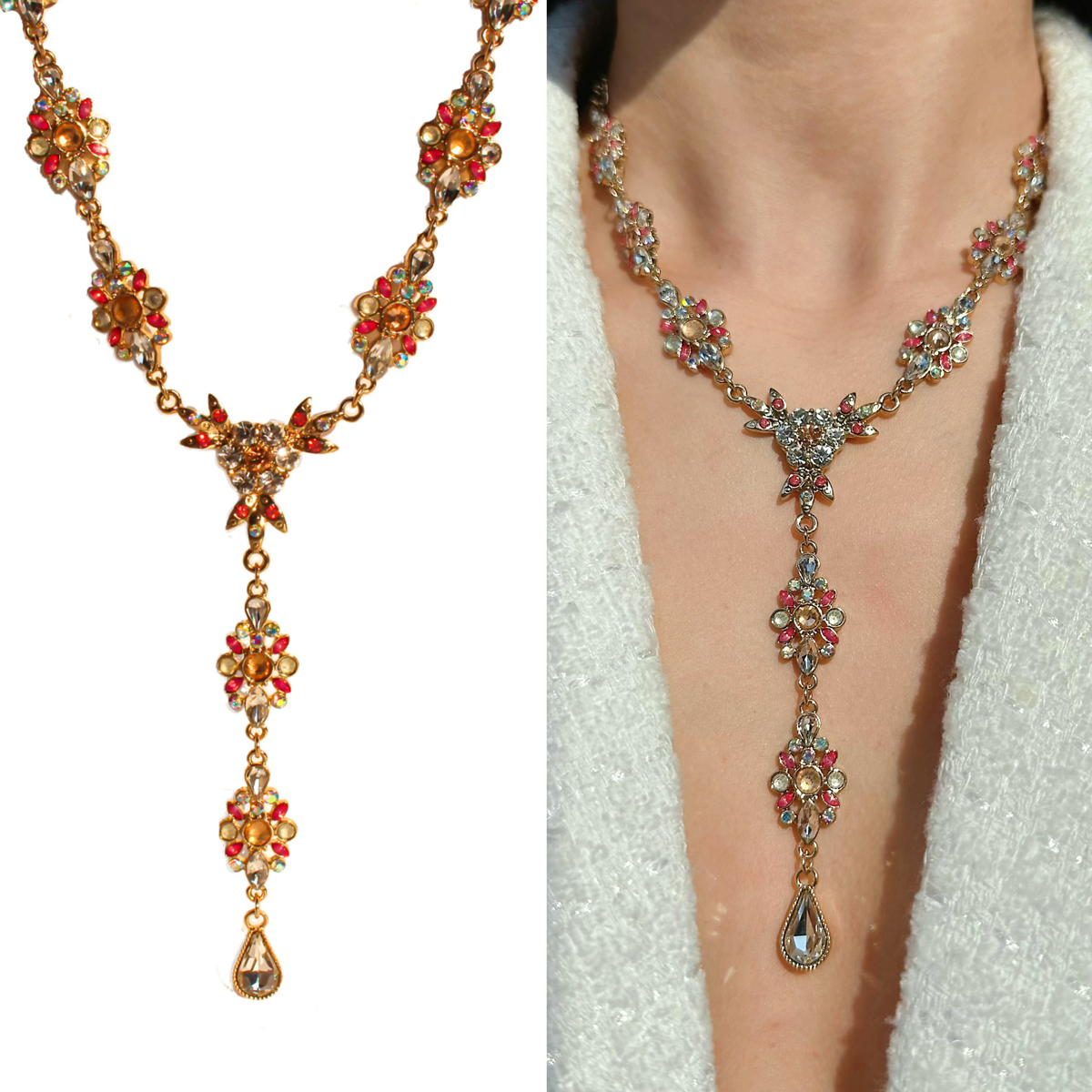 外贸饰品轻奢小众彩色钻石项链女Y形水滴宴会礼服锁骨链25超值价