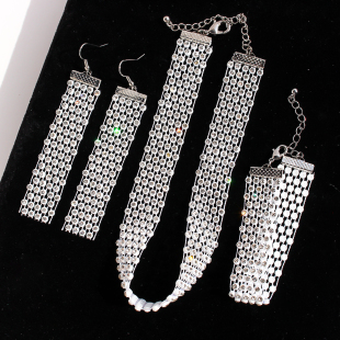 外贸饰品小众闪钻网格chocker锁骨链耳环手链套装 女蹦迪街拍V284