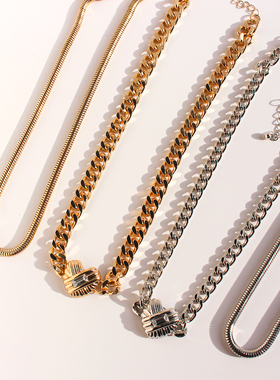 外贸饰品欧美风时髦闪钻爱心吊坠粗链条项链男女款叠戴蛇骨链381